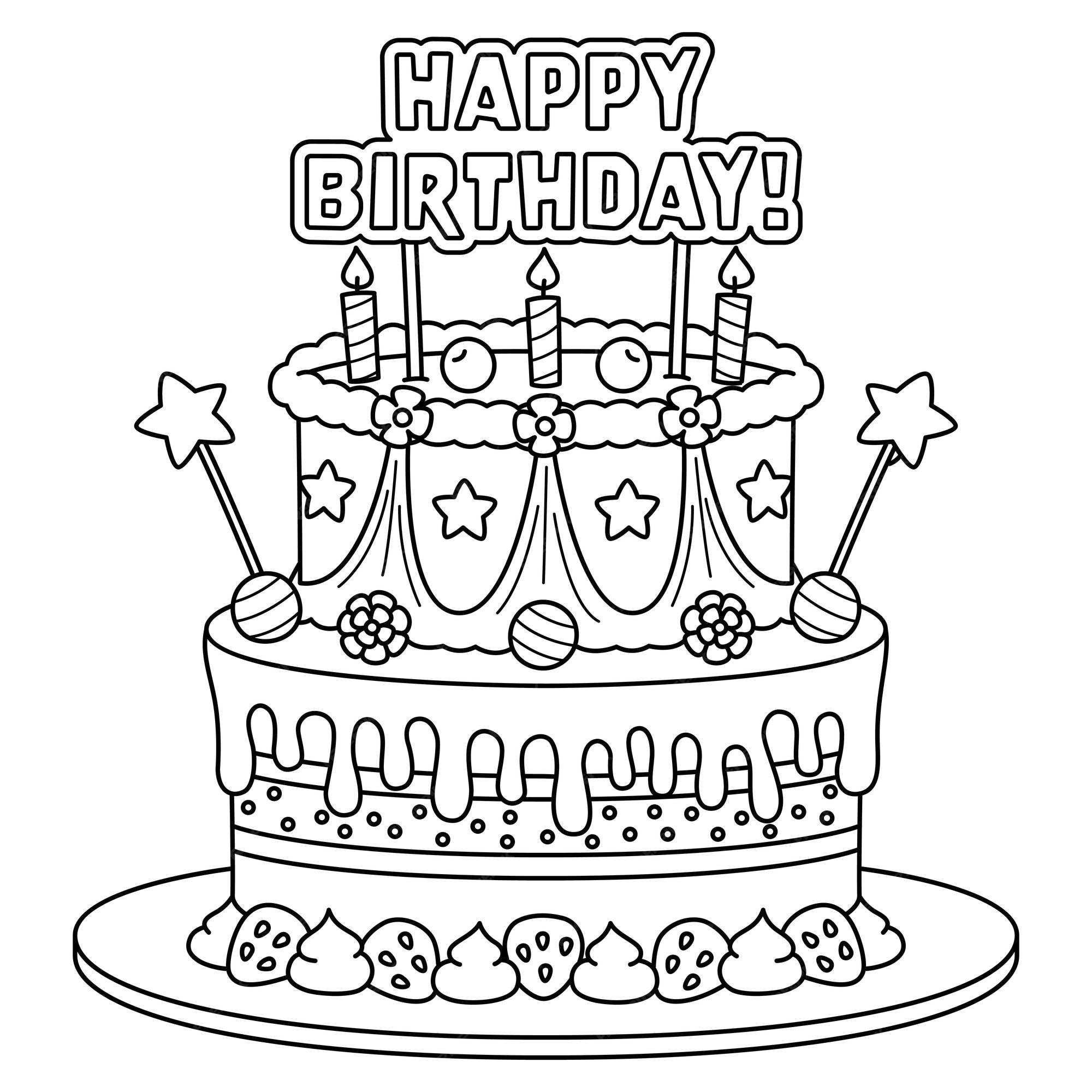 Premium vector a cute and funny coloring page of a happy birthday cake provides hours of coloring fun for children color this page is very easy suitable for little kids and