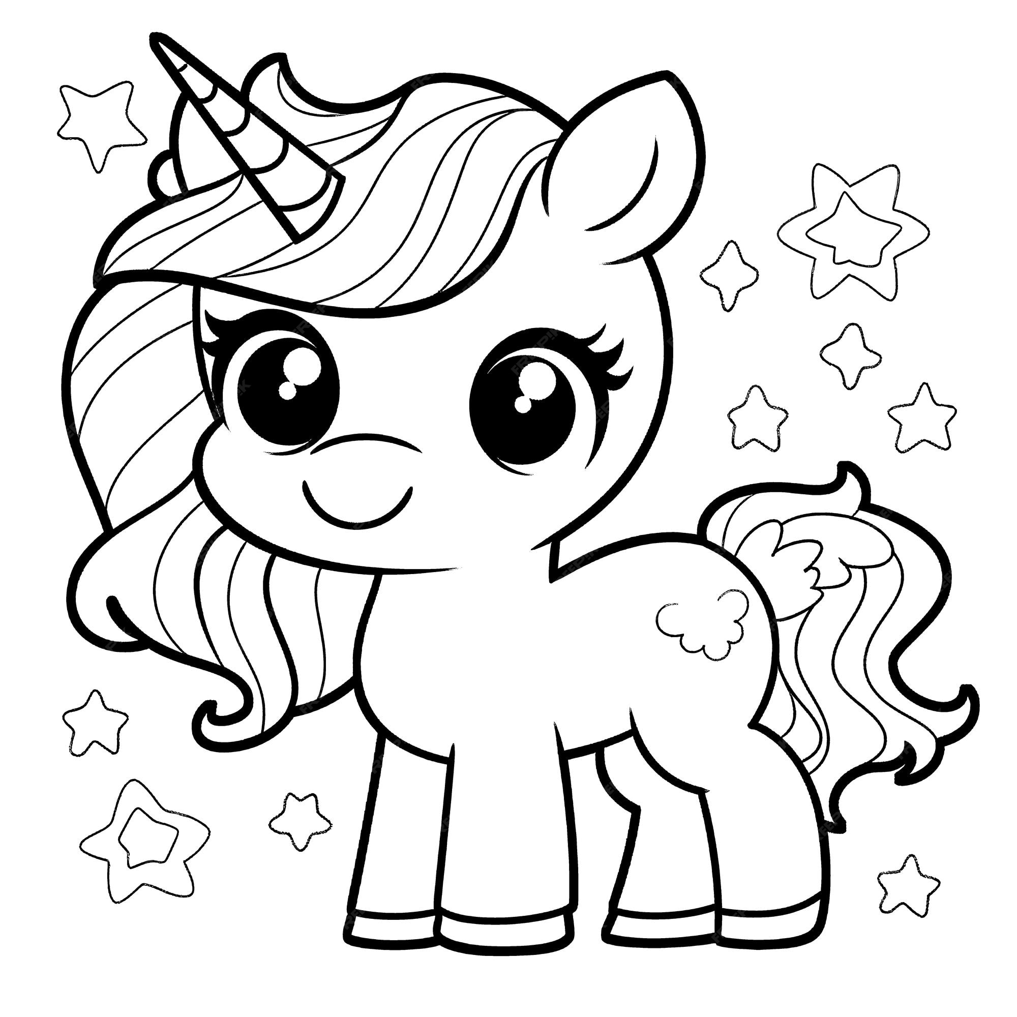 Premium vector unicorn black and white coloring page for kids and adults line art simple cartoon style happy cute and funny