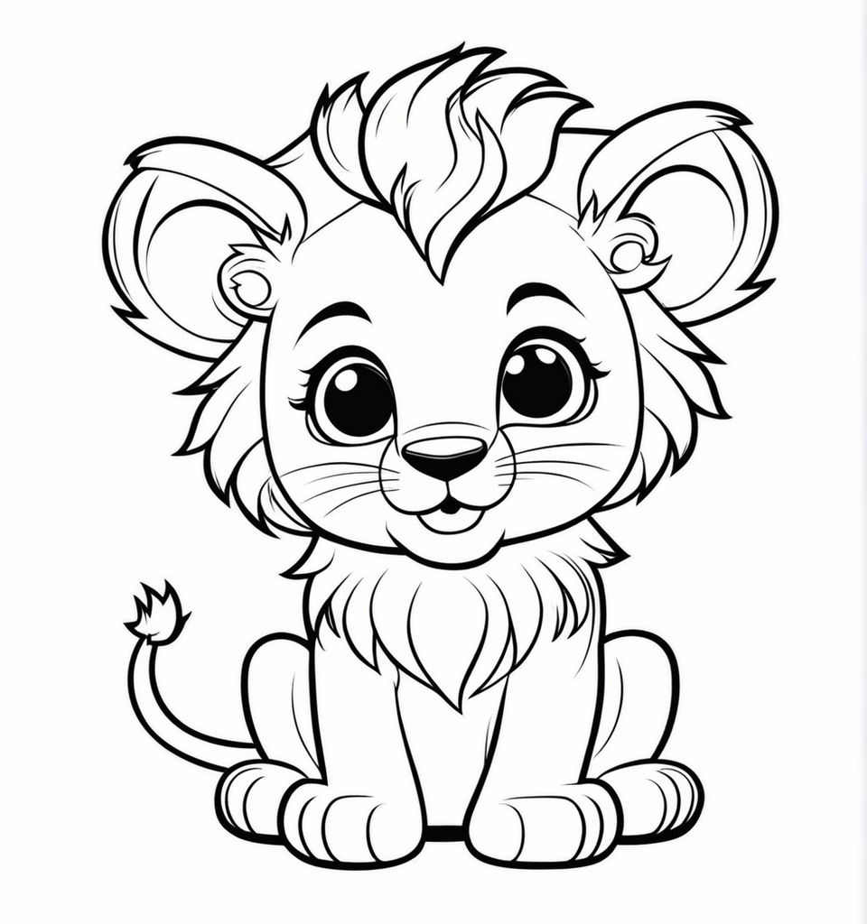 Simple coloring page of a cute baby lion black lines