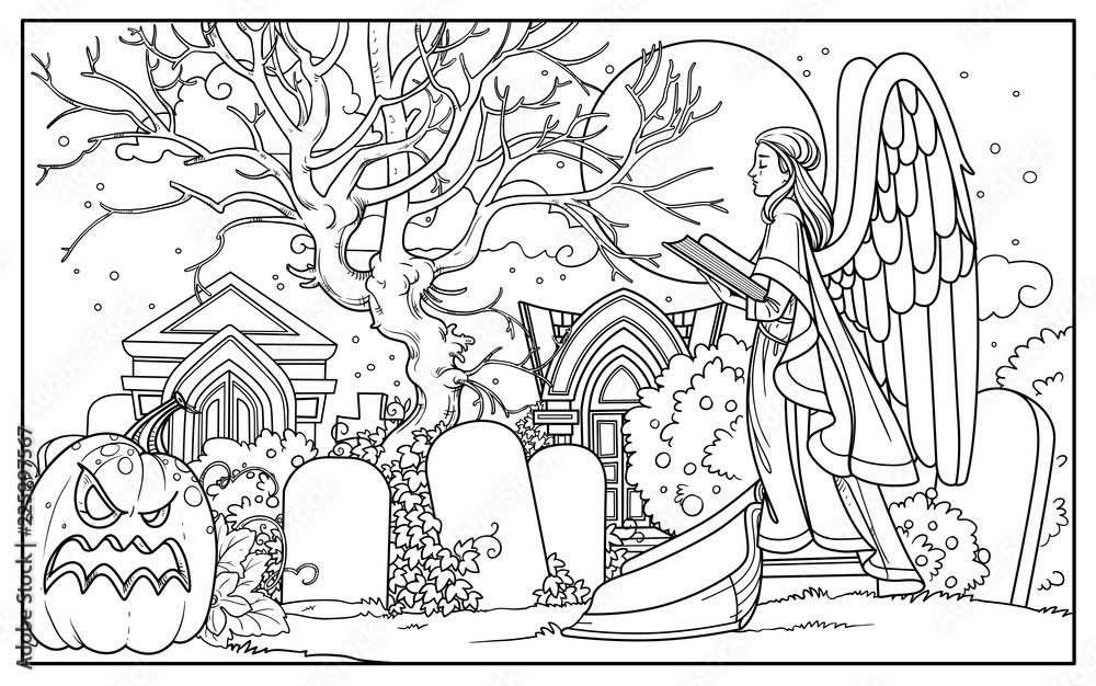 Line drawing for coloring cemetery with tombs halloween pumpkin graves and a statue of an angel with a book on a white background vector