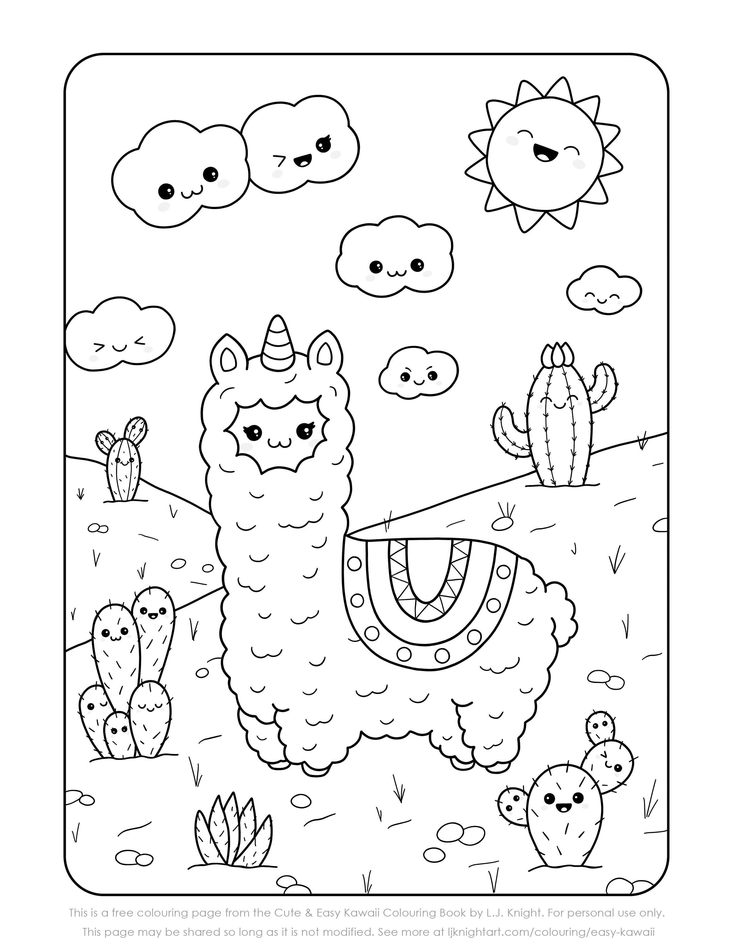 Free cute kawaii llama printable colouring page lj knight art