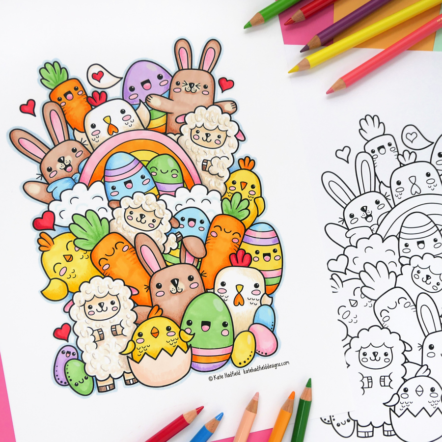 Kawaii easter colouring page