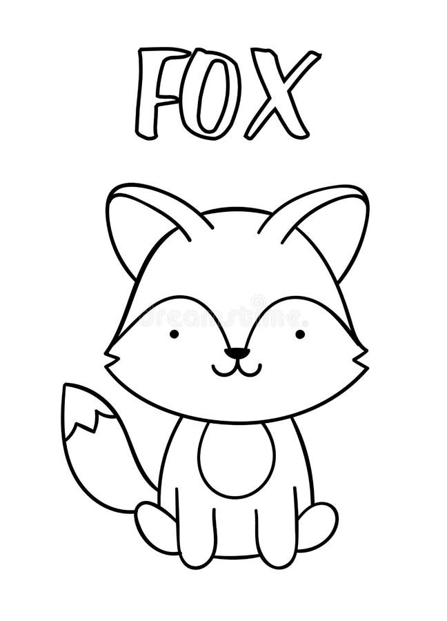 Coloring pages black and white cute hand drawn fox doodles lettering fox stock vector