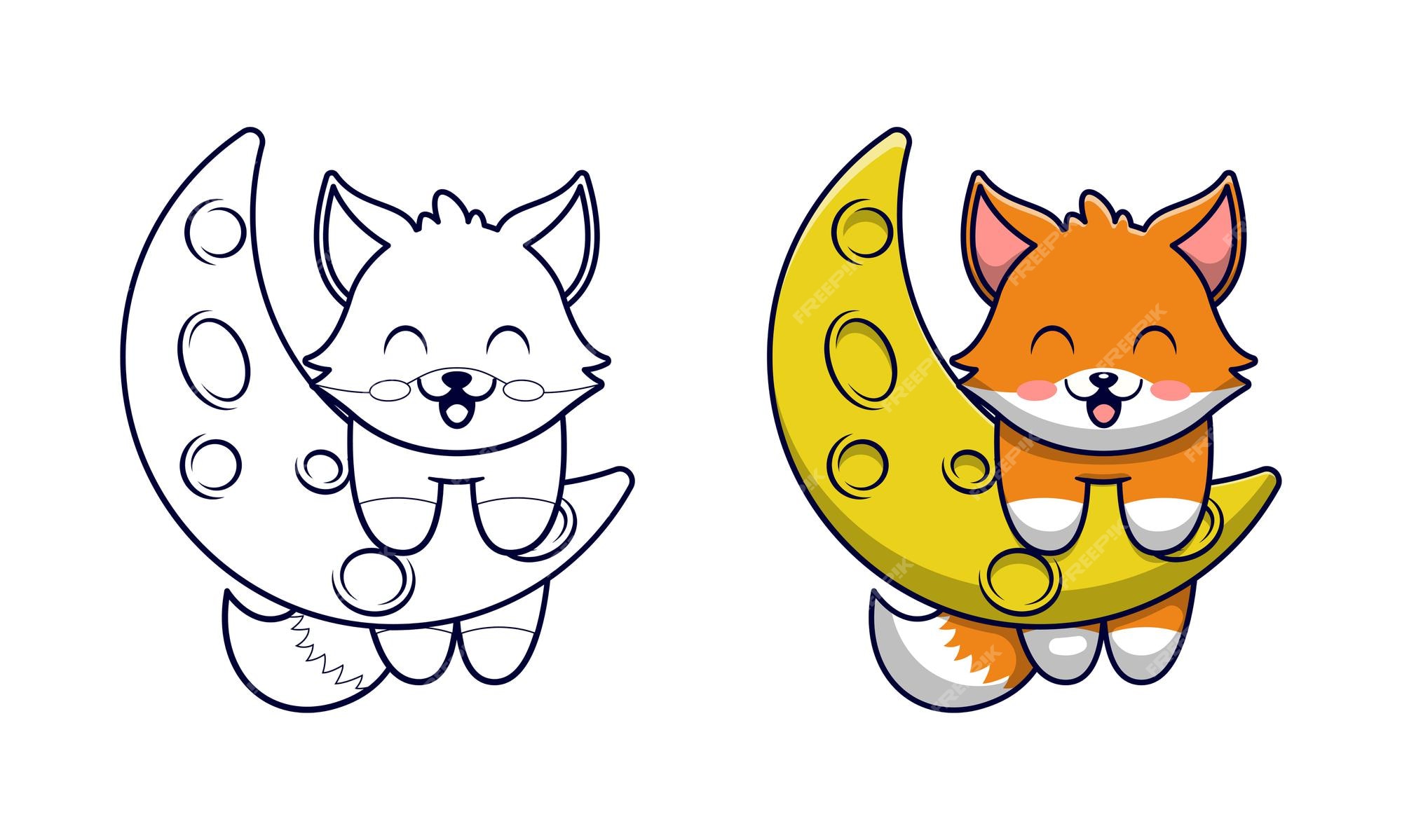 Premium vector cute fox on moon cartoon coloring pages for kids