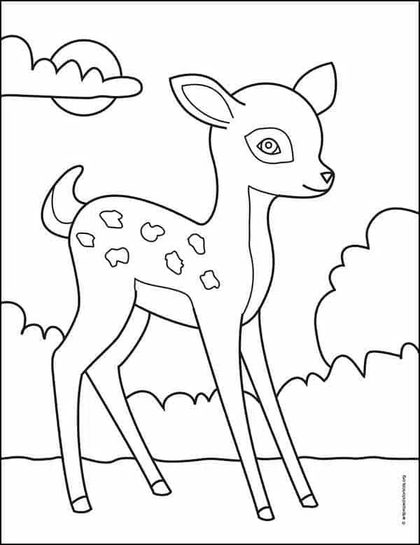 Easy how to draw a deer tutorial and deer coloring page