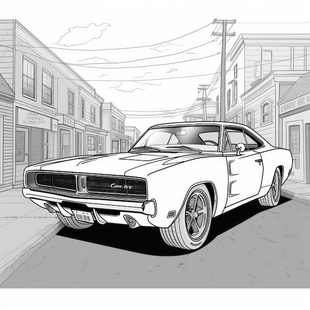 Premium ai image route racing adventure mangainspired coloring page for kids featuring a cinematic dodge charger