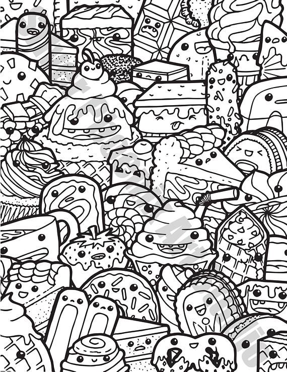 Kawaii sweets doodle adult coloring page printable digital