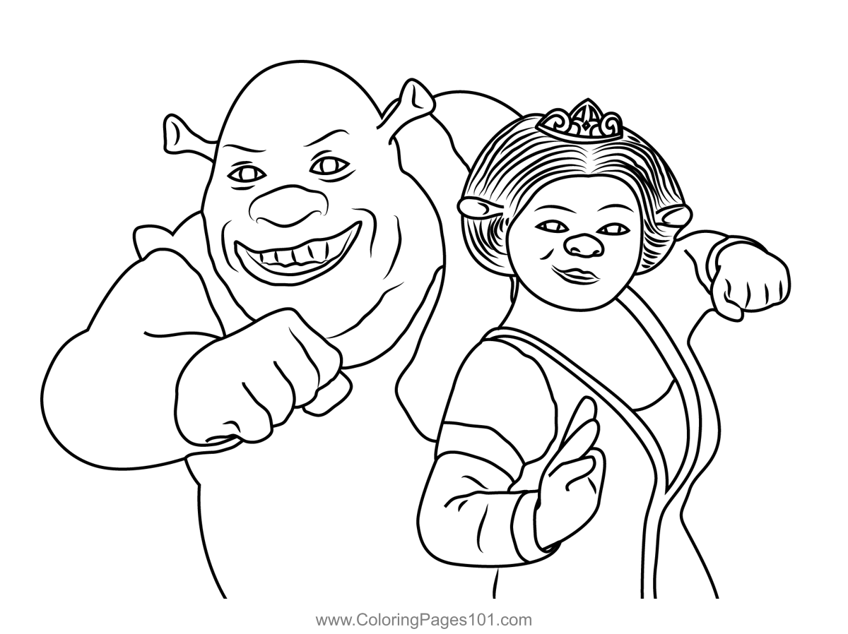 Cute couple shrek and princess fiona coloring page for kids