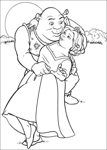 Shrek is dancing with fiona under the moon coloring page free printable coloring pages