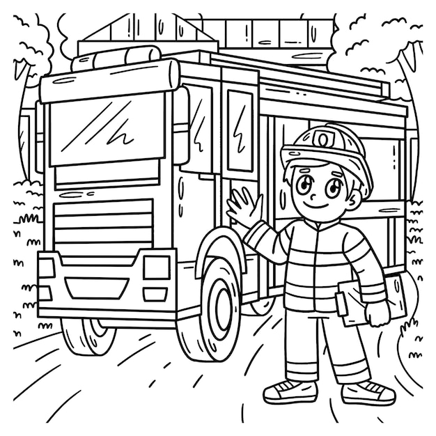 Premium vector a cute and funny coloring page of a firefighter and fire truck provides hours of coloring fun for children to color this page is very easy suitable for little