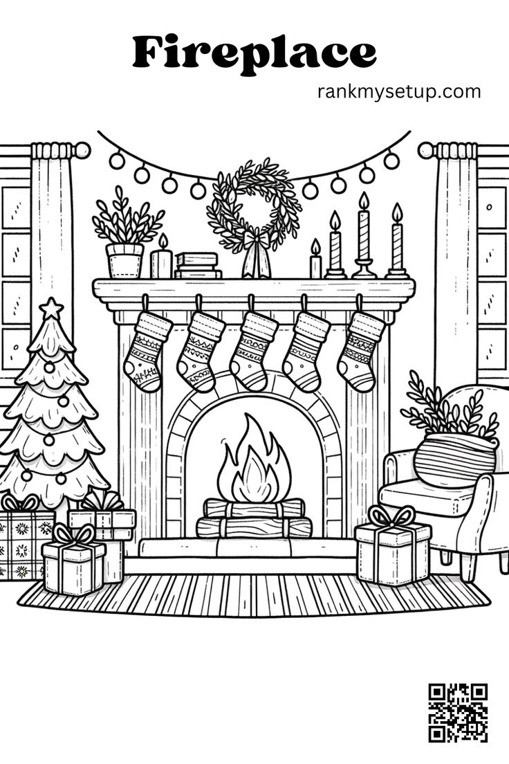 Cozy christmas fireplace coloring page for kids easy christmas drawings christmas tree coloring page coloring pages