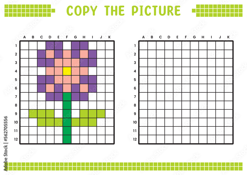 Copy the picture plete the grid image educational worksheets drawing with squares coloring cell areas childrens preschool activities cartoon vector pixel art flower plant illustration vector