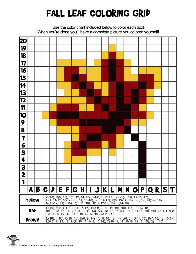 Fall grid coloring pages mystery picture activities woo jr kids activities childrens publishing pixel art mystery pictures cross stitch cards