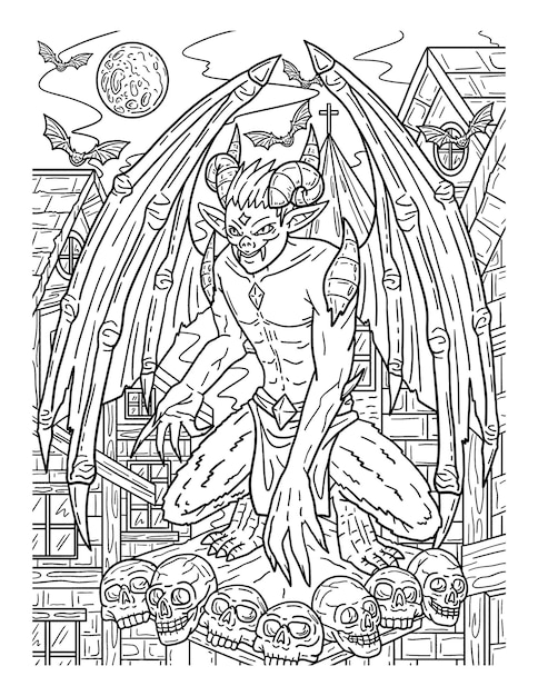 Premium vector halloween perching gargoyle adults coloring page