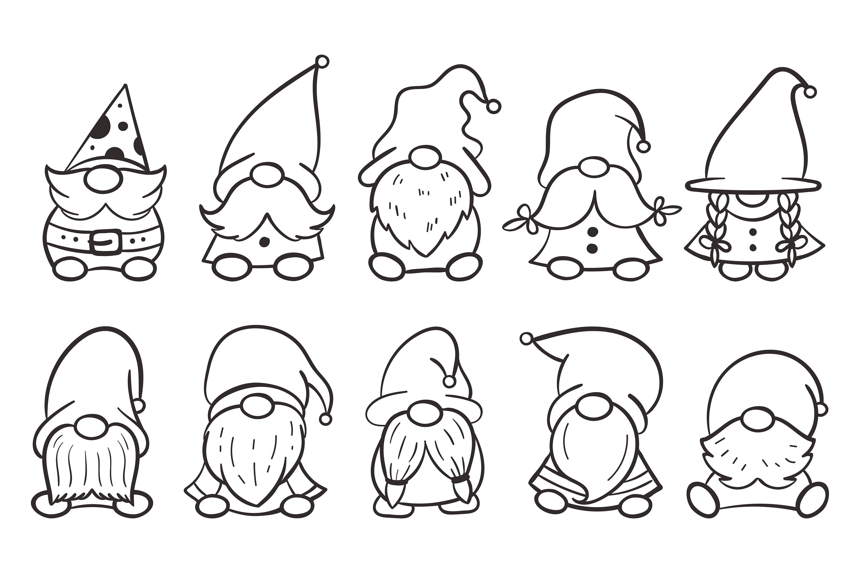 Digital printable cute christmas dwarf gnomes coloring book pages