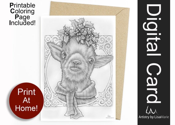 Goat christmas card colouring page printable activity adult coloring diy card printable digital downloads gift for animal lover