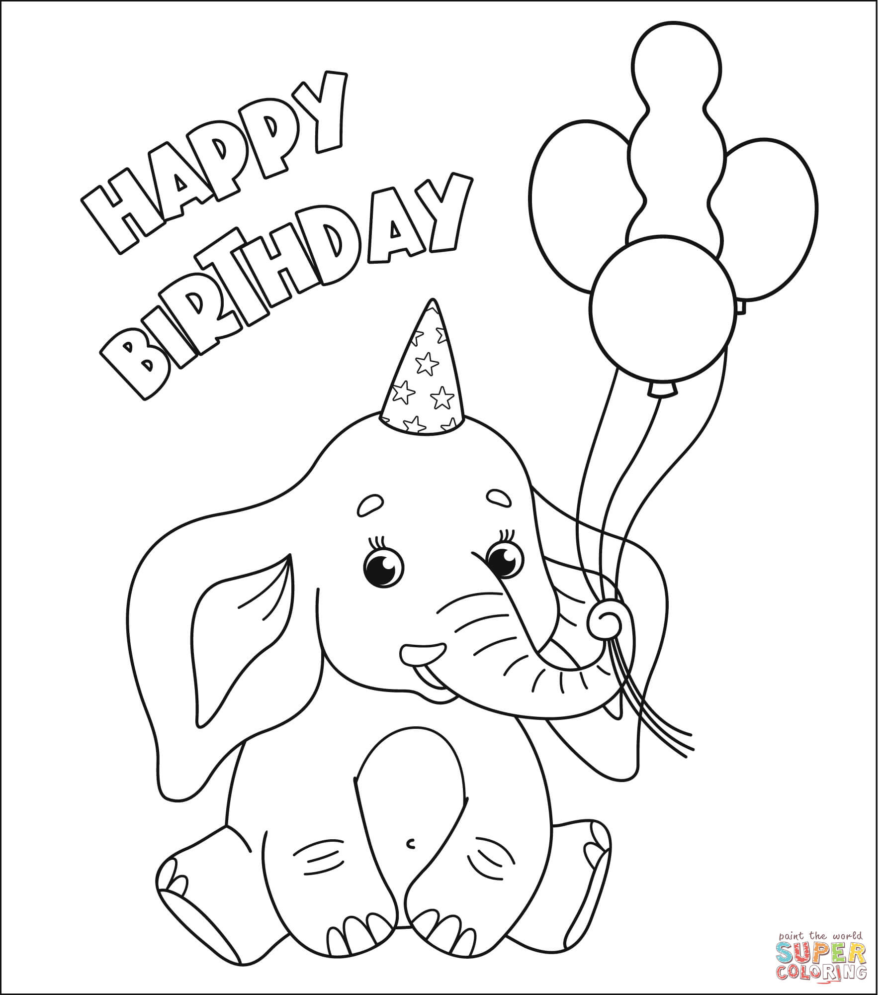 Happy birthday with elephant coloring page free printable coloring pages