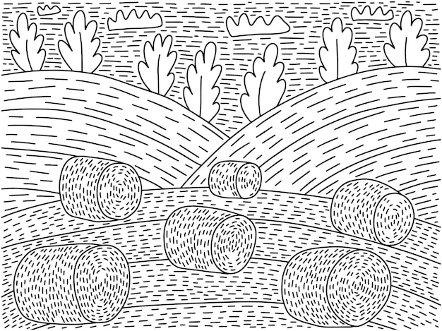 Premium vector haymaking field coloring page vector illustration hand drawn hay field autumn landscape coloring book