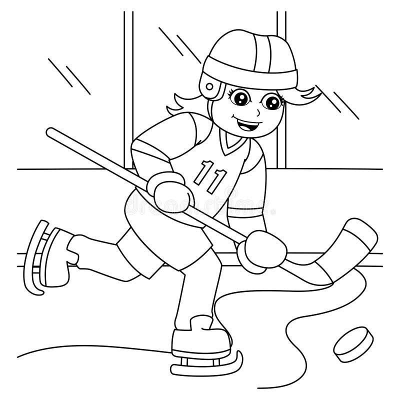 Girl playing hockey coloring page for kids stock vector