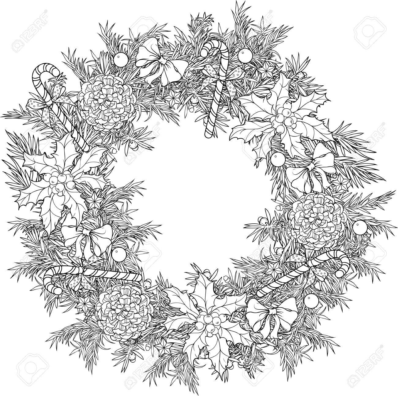 Christmas wreath with candies cones and holly leavescoloring page royalty free svg cliparts vectors and stock illustration image