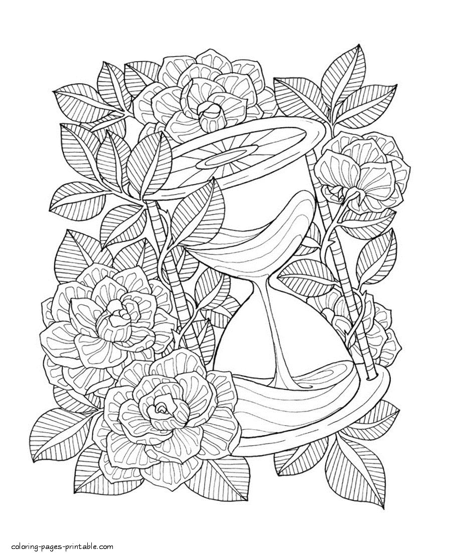 Roses and hourglass coloring page coloring pages free adult coloring pages steampunk coloring