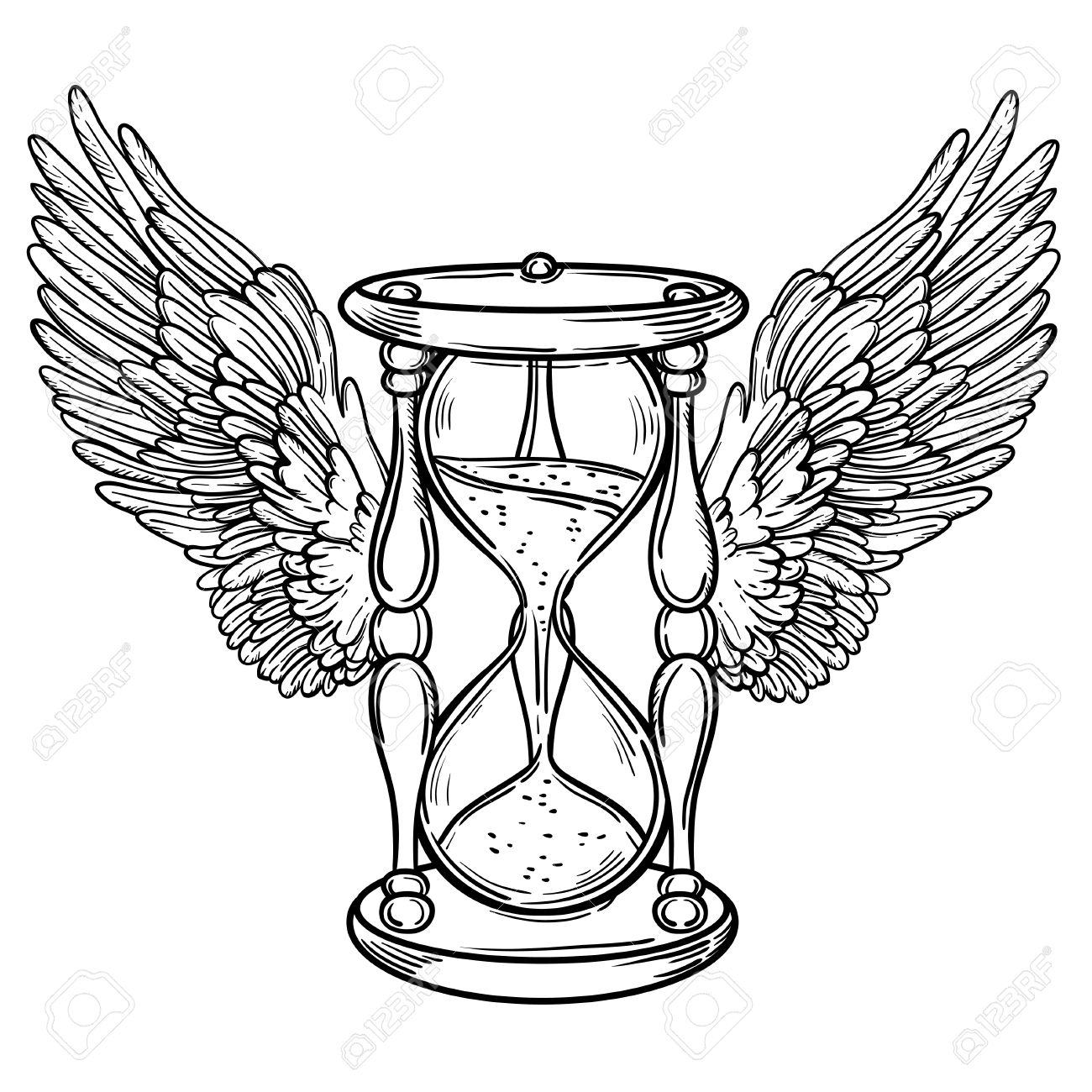 Decorative antique hourglass illustration with wings hand drawn vector tarot card sketch for dotwork tattoo hipster t