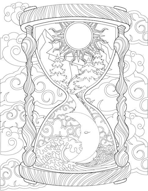 Premium vector antique hourglass drawing showing sun and moon inside surrounded by clouds old sand clock line drawing appearing day and night enclosed with strong winds