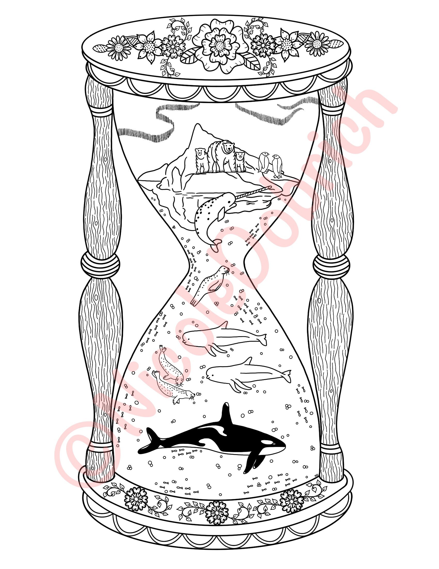 Arctic sea life hourglass printable adult coloring page instant download adult coloring book instant print kids coloring page