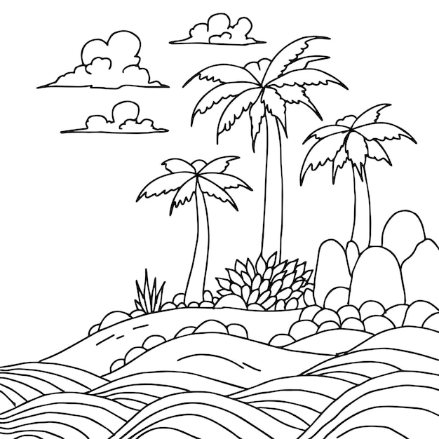 Premium vector design beach island landscape coloring outline art