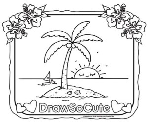 Free coloring page of an island with coconut tree â draw so cute