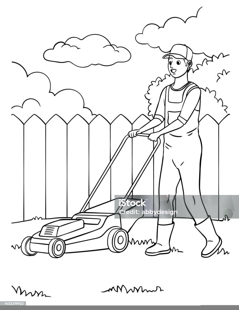 Lawn mower coloring page for kids stock illustration