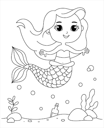 Premium vector beautiful mermaid coloring page under the sea little mermaid cartoon coloring book kids activity