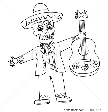 Mexican mariachi skeleton isolated coloring page