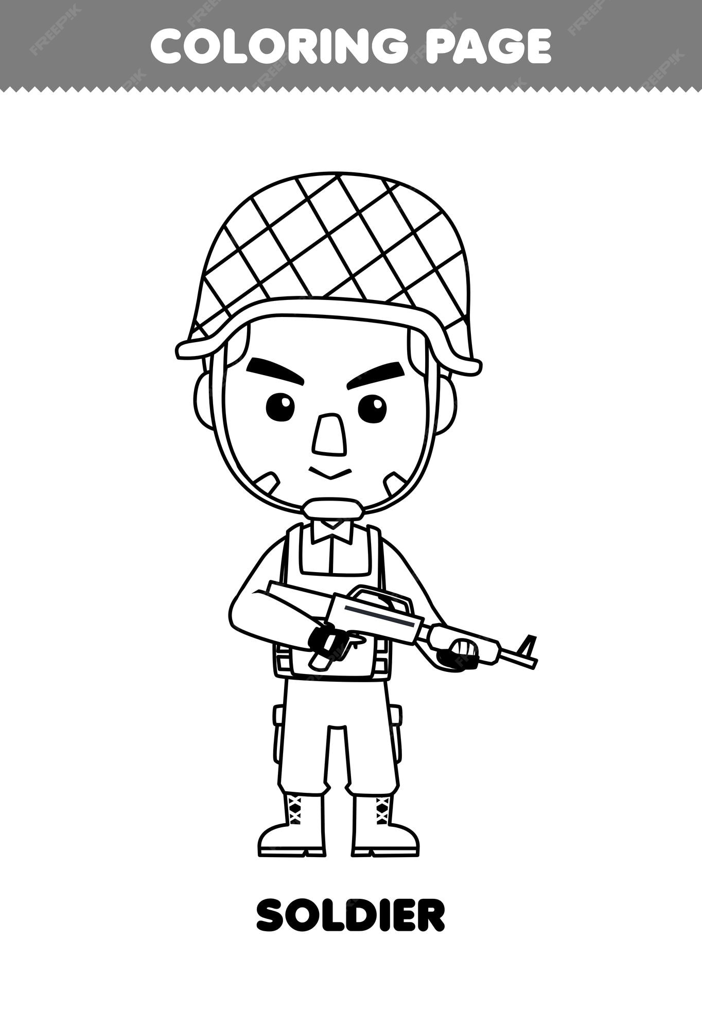 Premium vector education game for children coloring page of cute cartoon soldier profession line art printable worksheet