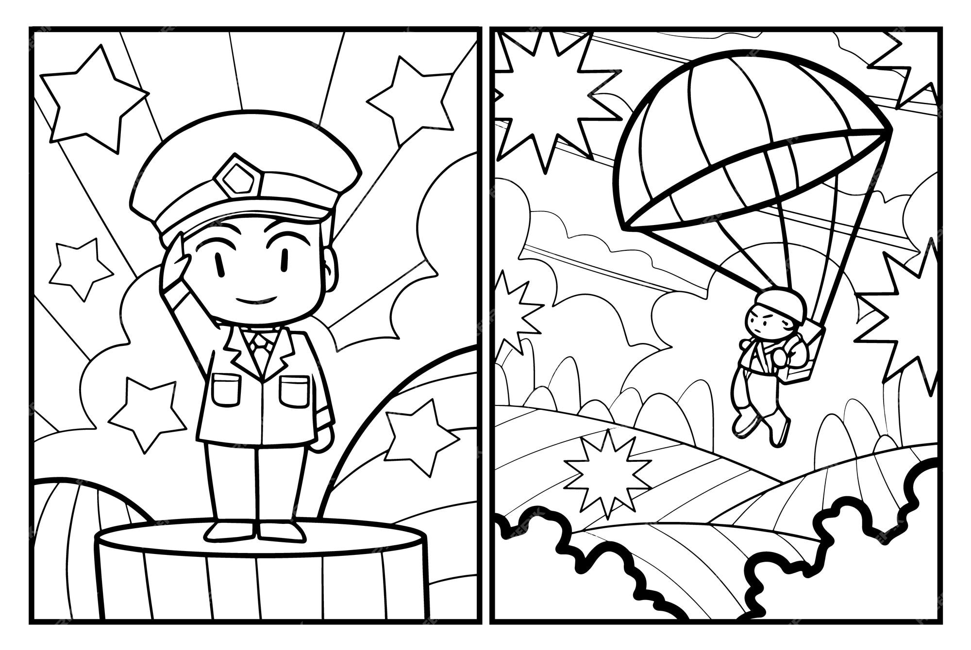 Premium vector kawaii male soldier coloring pages