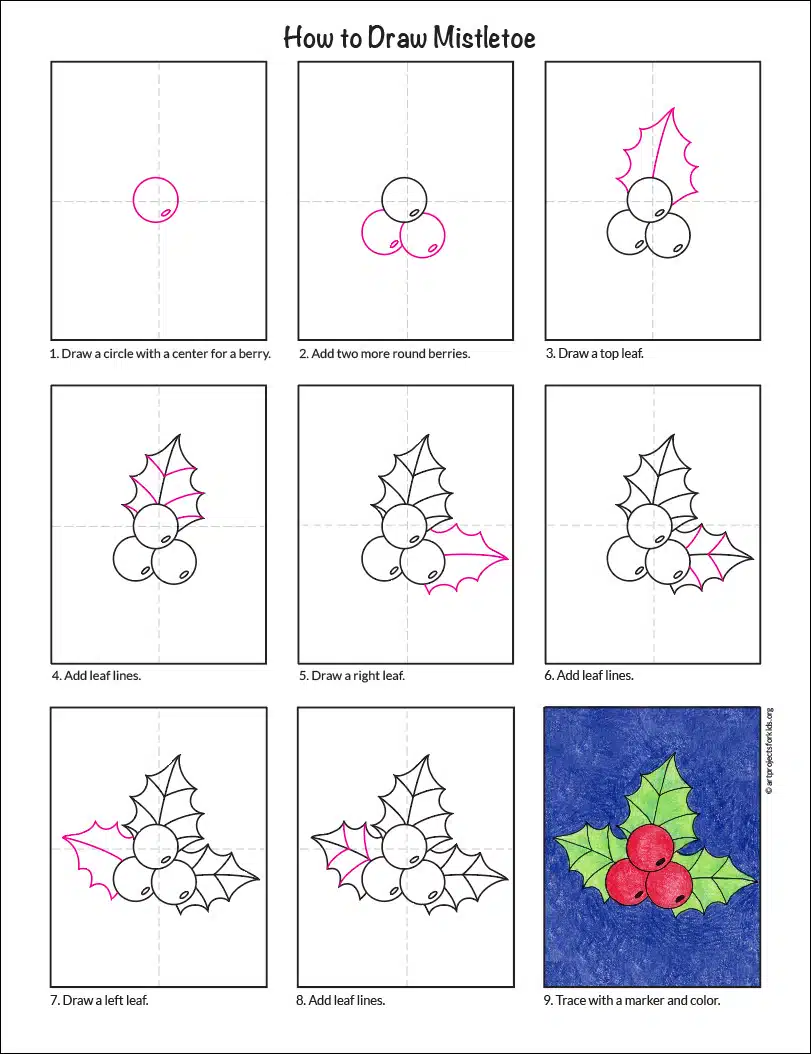 Easy how to draw mistletoe tutorial and mistletoe coloring page