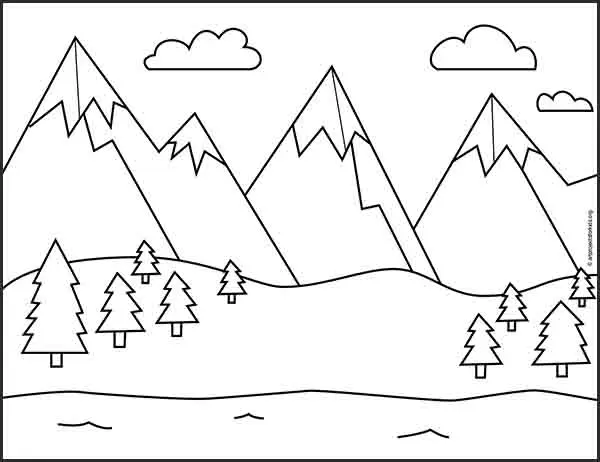 Easy how to draw mountains tutorial and coloring page