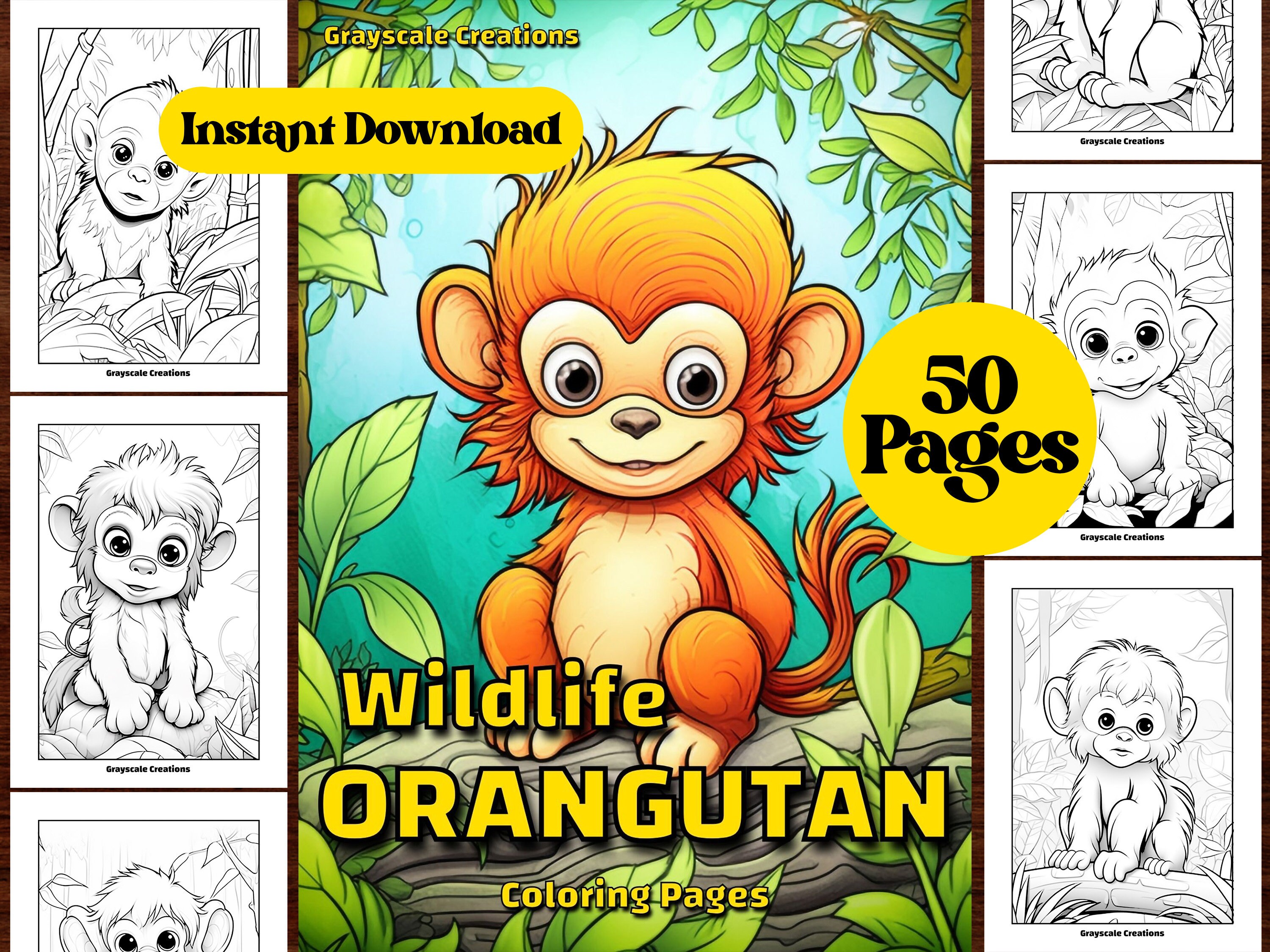 Cute orangutan coloring page book printable pdf sheets instant download grayscale coloring adults kids woodland wildlife monkey