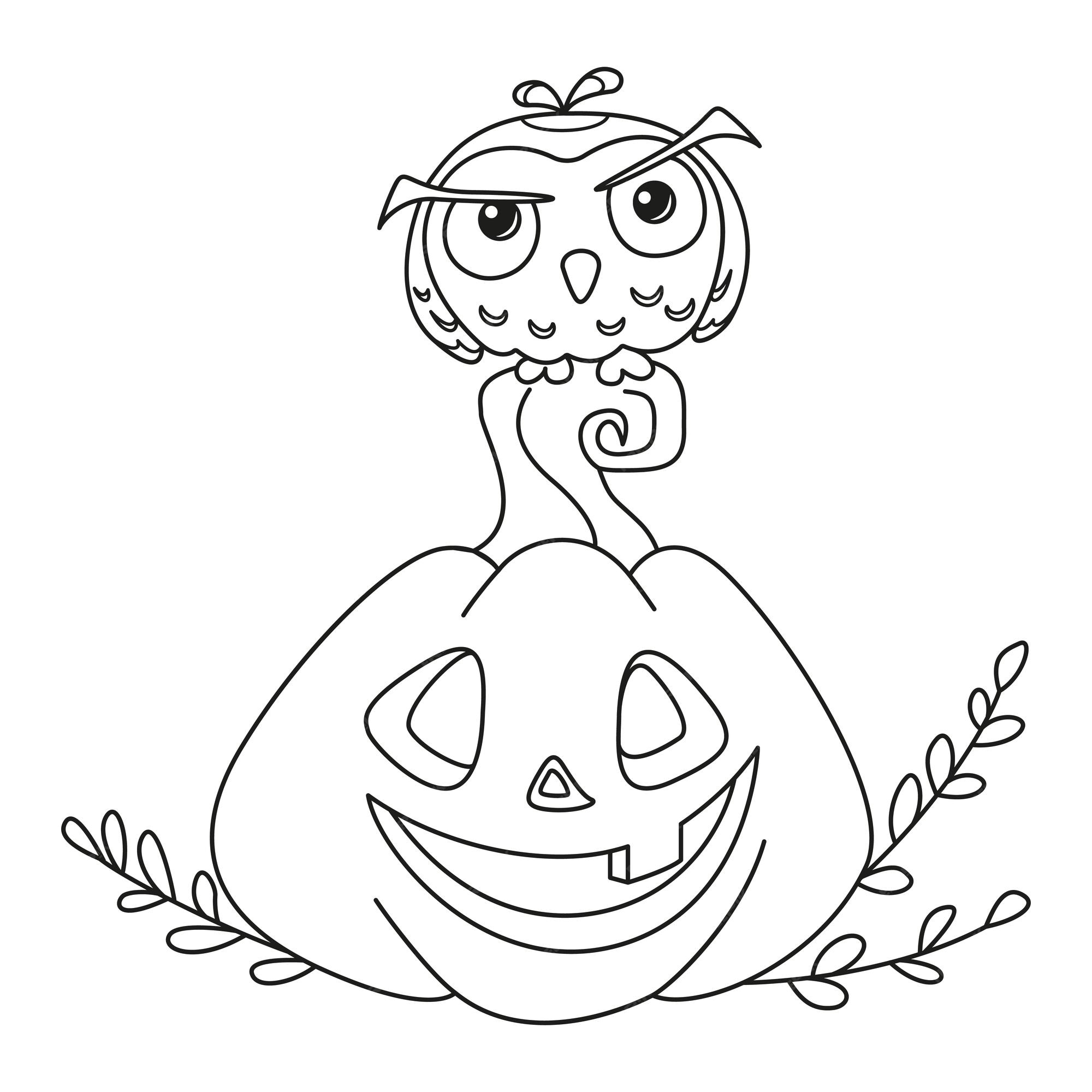 Premium vector owl sitting on pumpkin for halloween coloring page outline cartoon vector illustration