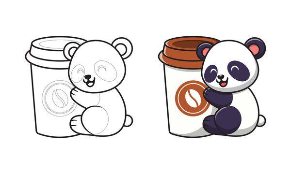 Cute panda with coffee cup cartoon coloring pages for kids vector