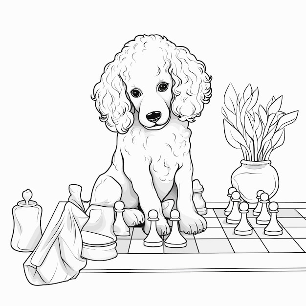 Premium vector simple vector monochrome coloring page of poodle playing chess