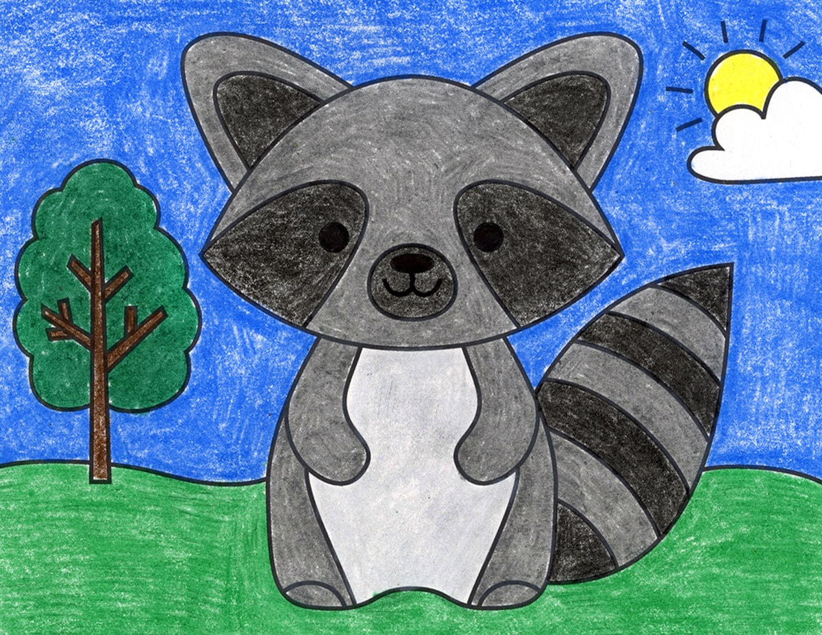 How to draw an easy raccoon tutorial and coloring page