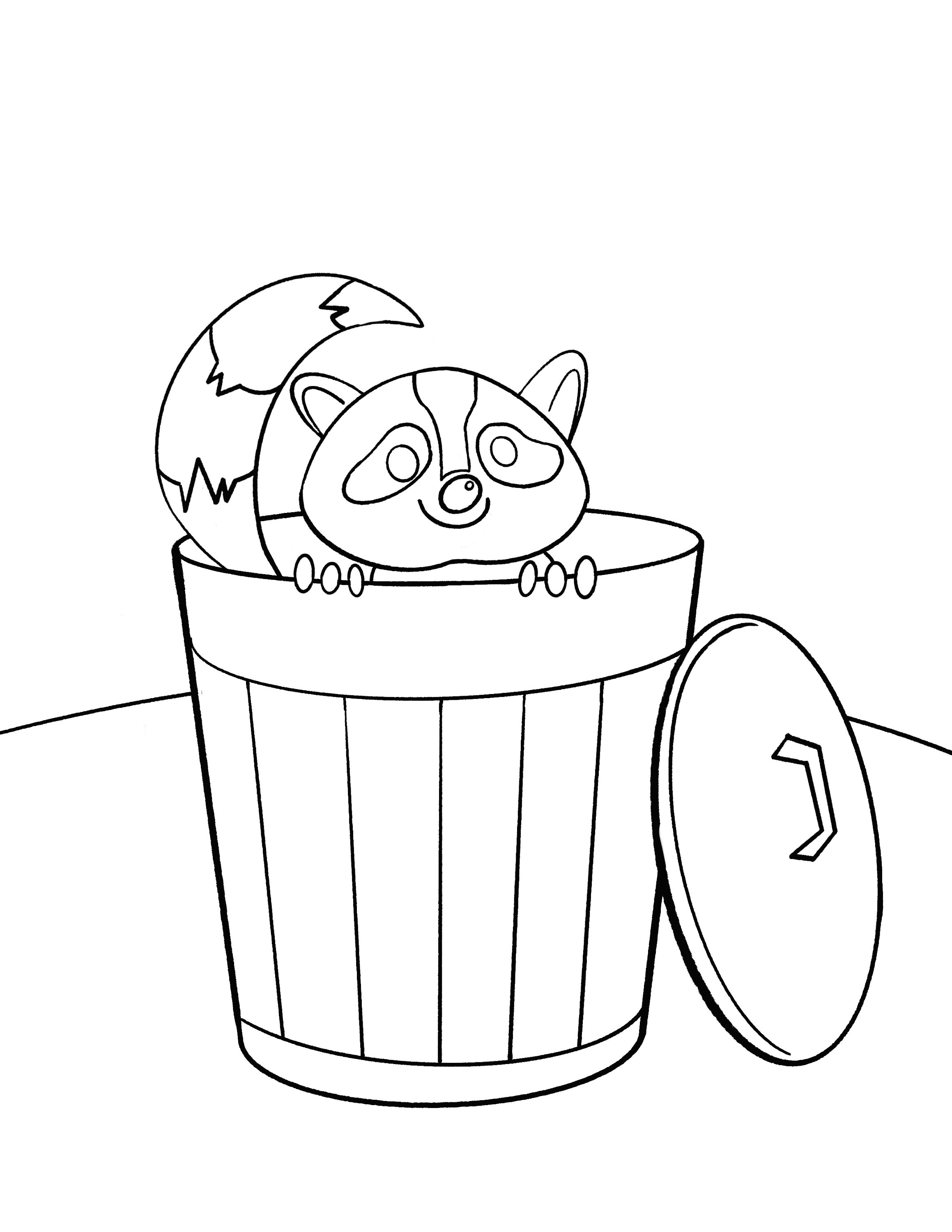 Printable digital trash can raccoon colorng page