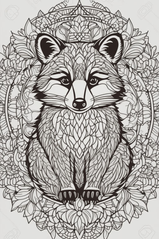 D outline simple vector monochrome picture despicting a cute racoon in a natural enviroment for a coloring book