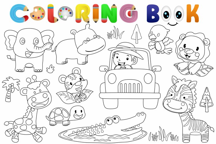 Coloring book of safari animals cartoon with a boy on car