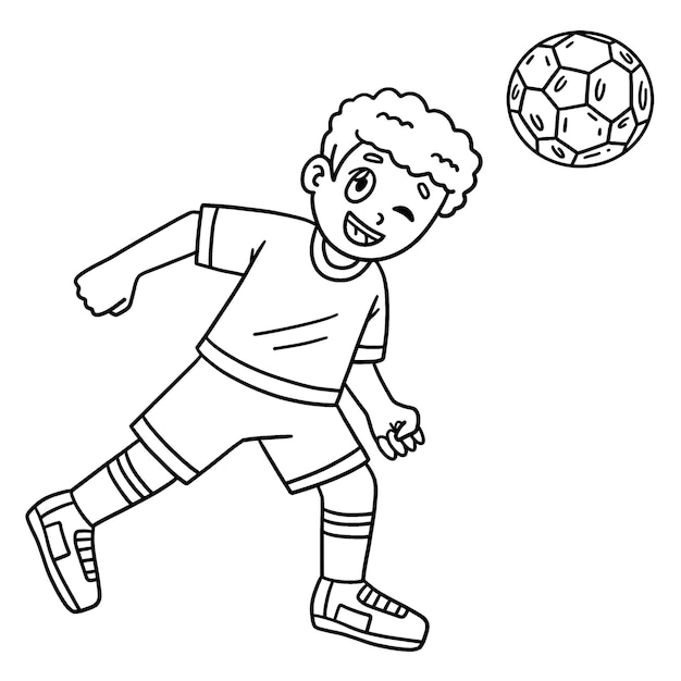 Premium vector it is a cute and funny coloring page of a boy hitting a soccer ball with a head provides hours of coloring fun for children to color this page