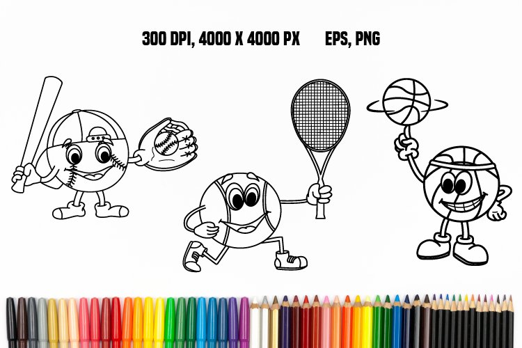 Sports cartoon balls for coloring pages