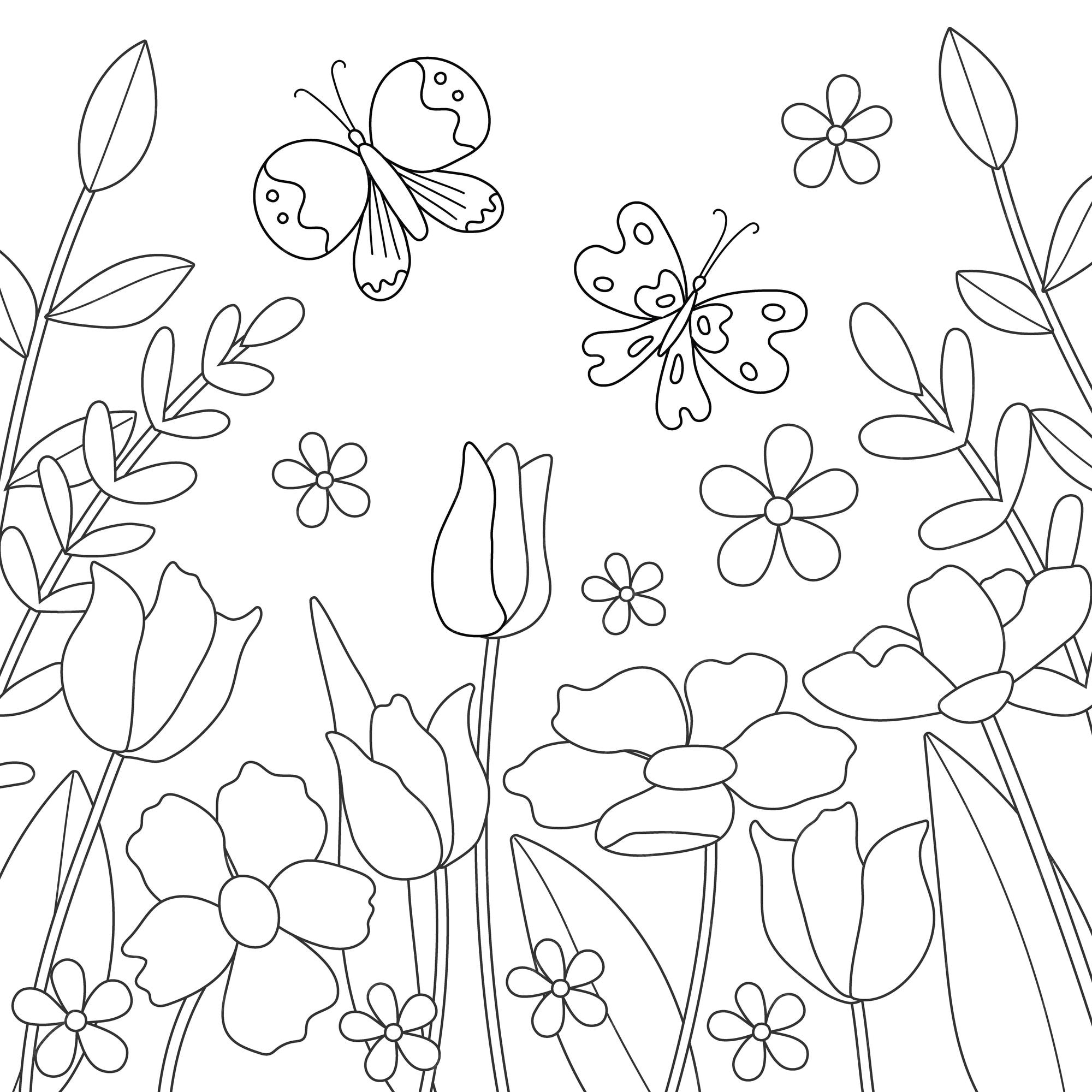 Premium vector simple childrens coloring page with cute flowers and butterflies illustration with silhouette of plants