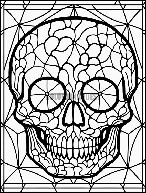 Skull stain glass window printable adult coloring page stained glass window skull coloring sheet halloween coloring for adults and kids instant download