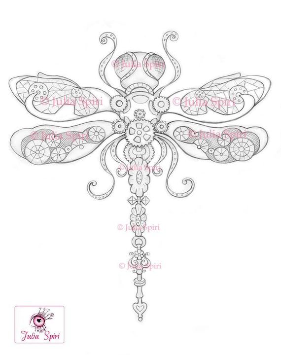 Steampunk coloring page digital stamp black white digi gears mechanic metal iron gear crafting fantasy whimsy steampunk dragonfly